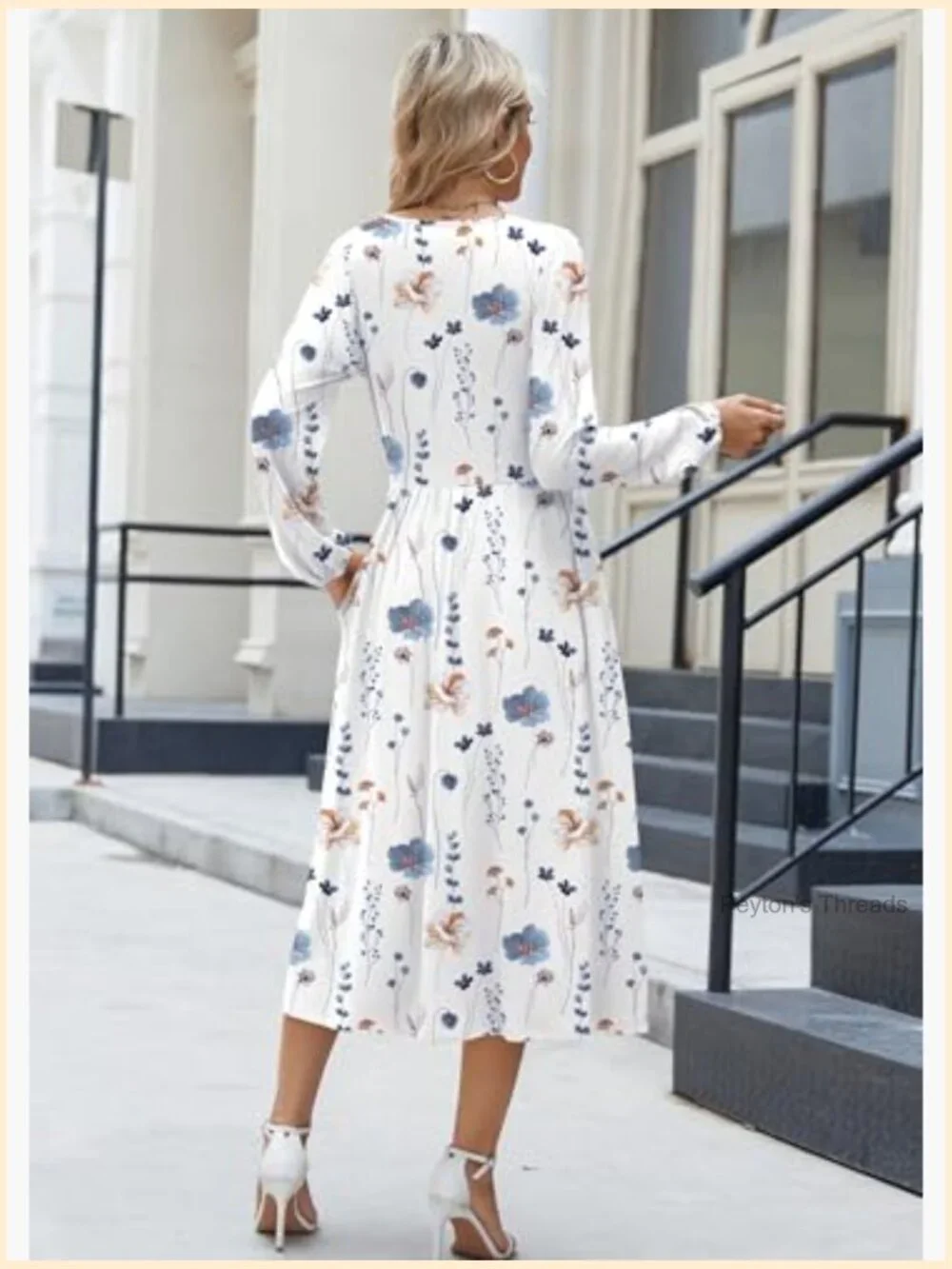 Long Sleeve Flowy A-Line Midi Dress with Pockets - Picture 5 of 7